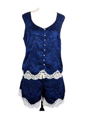 Vintage Victoria's Secret Navy Satin Lace Trim Night Pajama Set Lingerie 90s xs